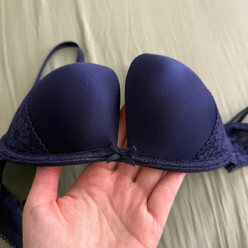 Navy Blue Floral Lace Push Up Bra 32C & Matching Cheeky Panties XS Daisy Set